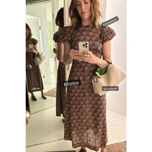 💕DÔEN💕 Rhodia Dress ~ Puff Sleeve A-Line Maxi Noir Forest Floral Print XL NWOT - Picture 7 of 16